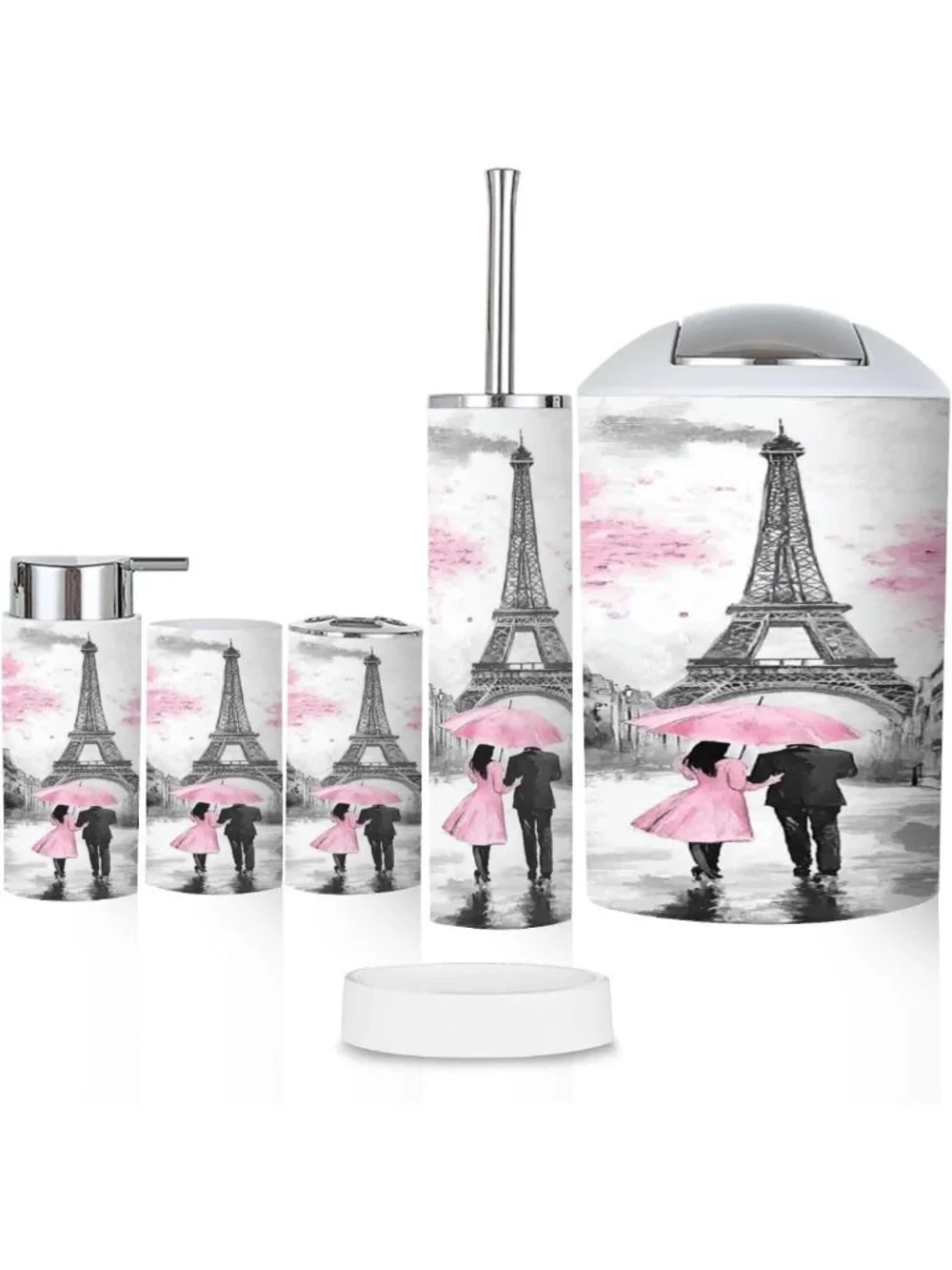 Chic 6-Piece Bathroom Accessory Set - Modern Parisian Design, Black & Pink Decor